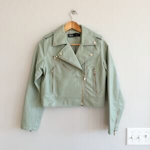 Zara Faux Leather Zip Up Cropped Biker Moto Jacket Mint Green S